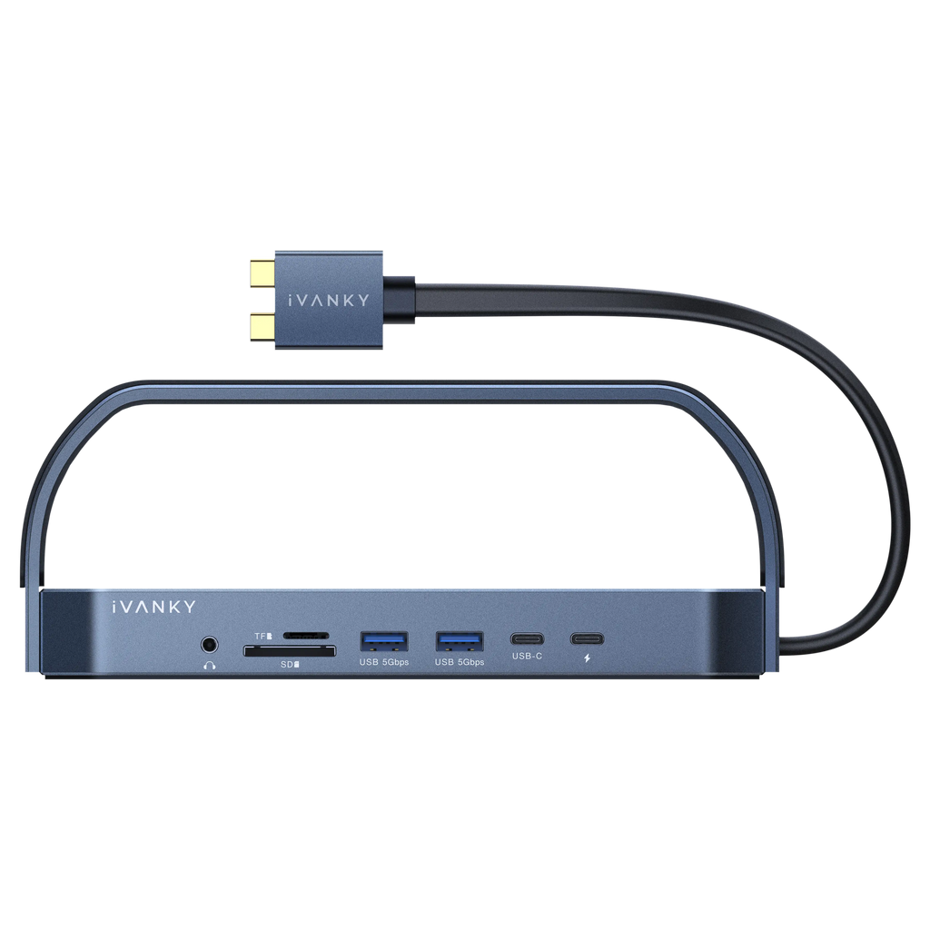 iVANKY FusionDock 2 MacBook dock with built-in USB-C cable, front view showing USB ports, SD and TF card readers, headphone jack, USB-C port, and a compact desktop stand design