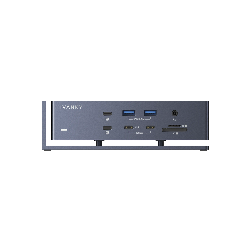 iVANKY FusionDock Max 1 Thunderbolt 4 dock for MacBook, rear view showing USB-C display outputs, USB 10Gbps ports, SD and TF card slots, headphone jack, and power delivery
