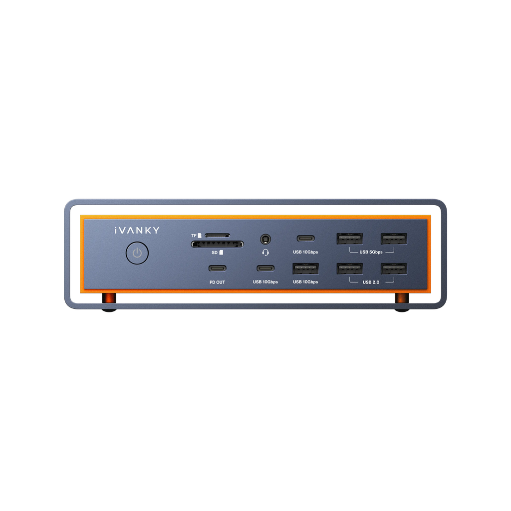 iVANKY FusionDock Max 2 Thunderbolt 5 dock for MacBook Pro, front view showing high-speed USB ports, SD TF card readers, headphone jack, and power button