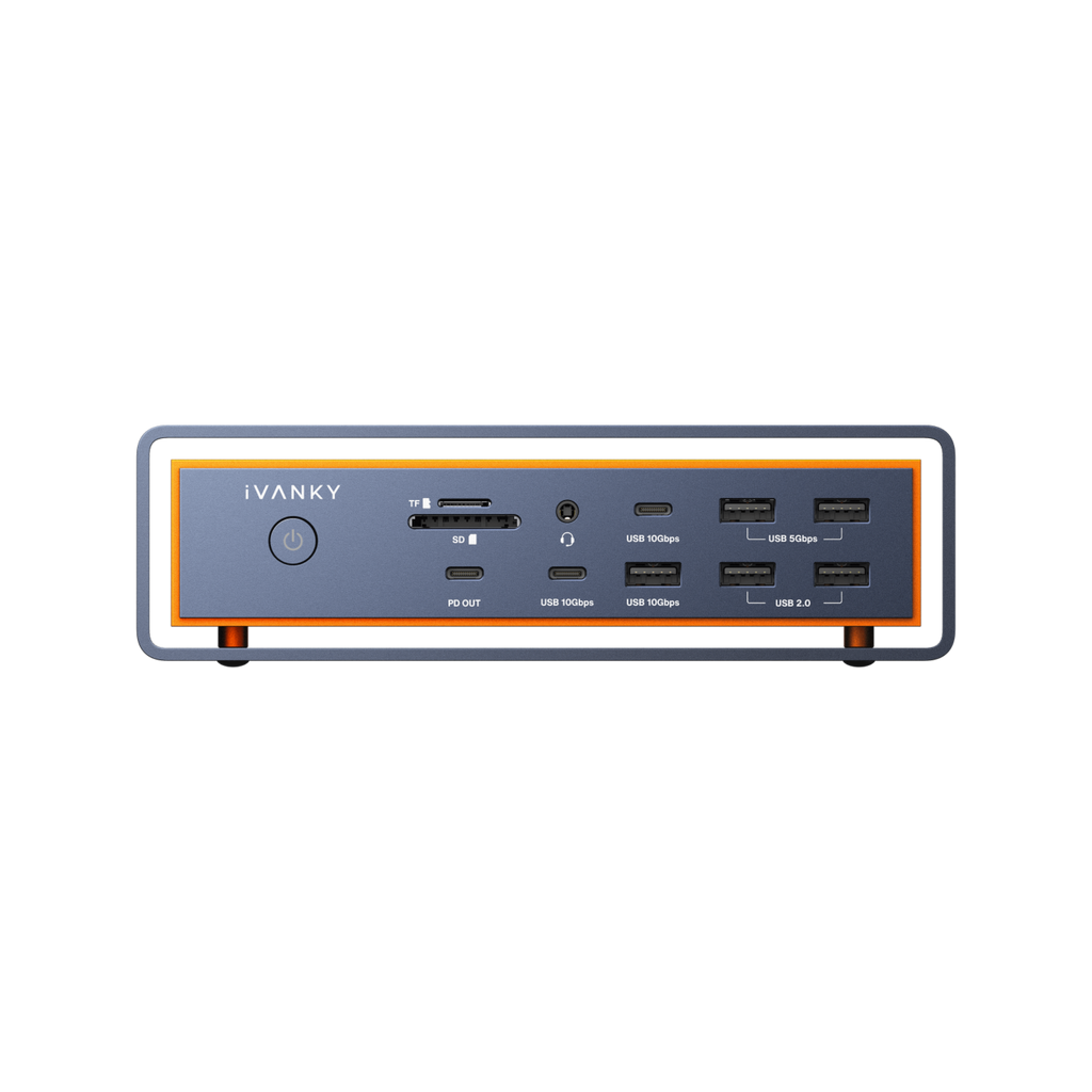 iVANKY FusionDock Max 2 Thunderbolt 5 MacBook dock: native triple displays (2×6K USB-C + 1×4K HDMI), 23 ports, 140W.