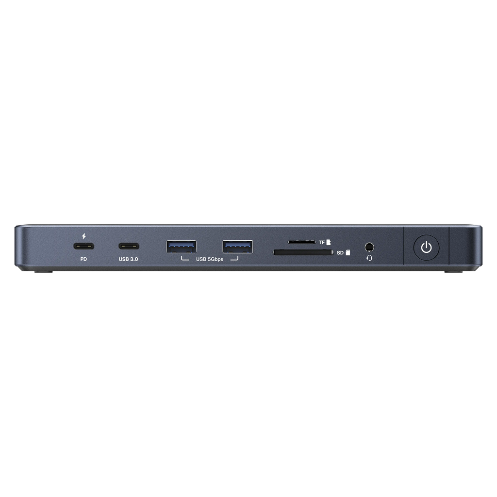 iVANKY FusionDock Pro 1 MacBook dock, front view showing USB ports, SD and TF card readers, headphone jack, power button, and slim horizontal desktop design