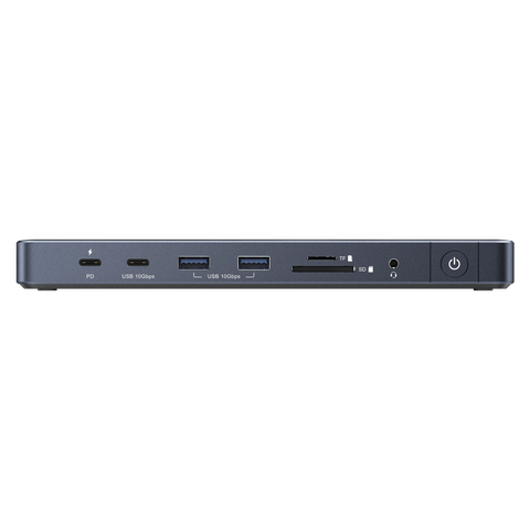 iVANKY FusionDock Pro 1+ MacBook dock, front view showing USB ports, SD and TF card readers, headphone jack, power button, and slim horizontal desktop design