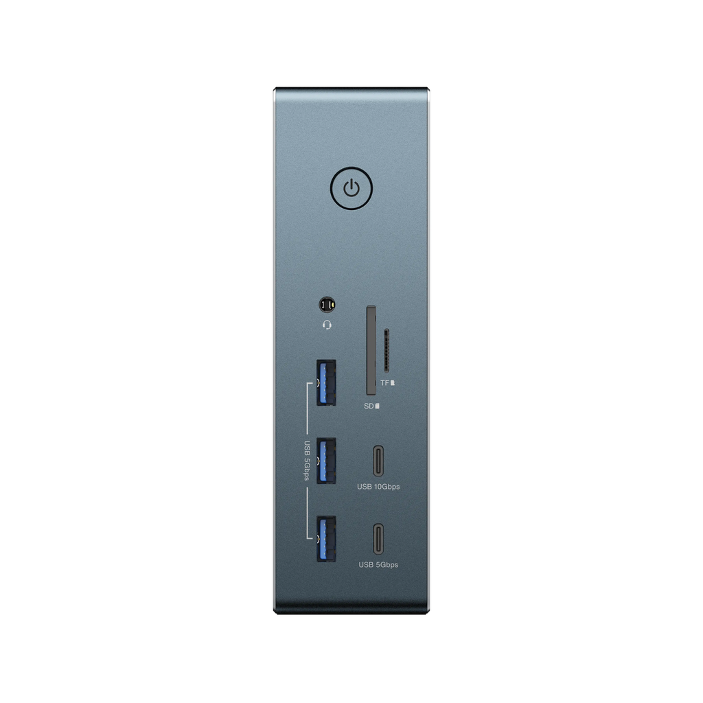 iVANKY FusionDock Pro 2 vertical MacBook dock, front view showing USB ports, SD and TF card readers, headphone jack, power button, and compact upright design