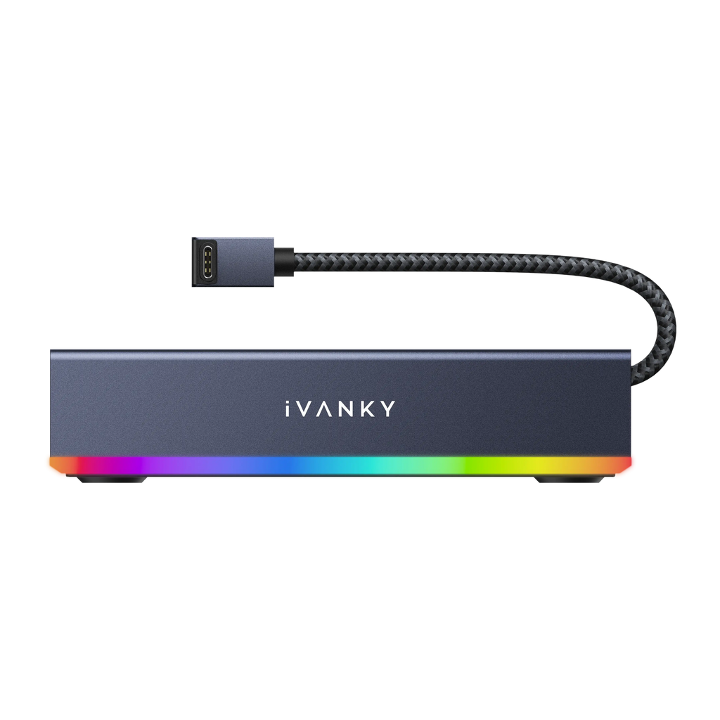 iVANKY gaming dock with RGB lighting, front view showing USB-C connection, compact aluminum body, and customizable RGB light strip designed for gaming desk setups