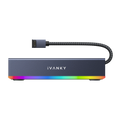 iVANKY gaming dock with RGB lighting, front view showing USB-C connection, compact aluminum body, and customizable RGB light strip designed for gaming desk setups