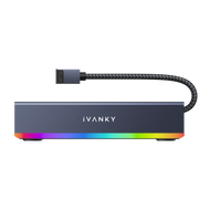 iVANKY gaming dock with RGB lighting, front view showing USB-C connection, compact aluminum body, and customizable RGB light strip designed for gaming desk setups
