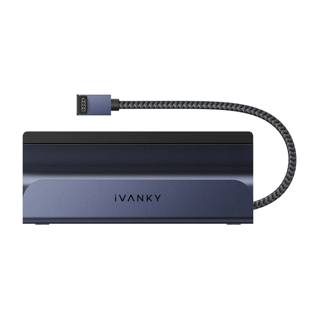 Station d'accueil USB-C iVANKY pour jeux vidéo, vue de face montrant une station d'accueil compacte en aluminium avec câble USB-C tressé intégré, conçue pour les bureaux de jeux vidéo et les configurations PC.