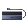 Station d'accueil USB-C iVANKY pour jeux vidéo, vue de face montrant une station d'accueil compacte en aluminium avec câble USB-C tressé intégré, conçue pour les bureaux de jeux vidéo et les configurations PC.