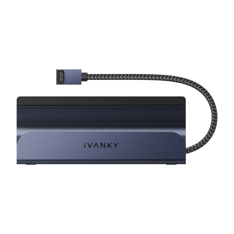 iVANKY USB-C gaming dock, front view showing a compact aluminum gaming docking station with built-in braided USB-C cable, designed for gaming desk and PC setups