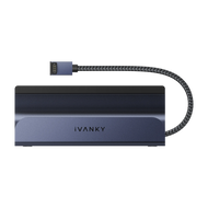 iVANKY USB-C gaming dock, front view showing a compact aluminum gaming docking station with built-in braided USB-C cable, designed for gaming desk and PC setups