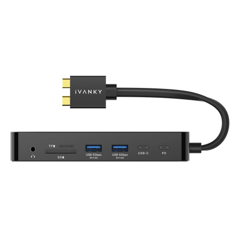 iVANKY FusionDock 1 MacBook-Dock mit integriertem USB-C-Kabel, Vorderansicht mit USB-Anschlüssen, SD- und TF-Kartenlesegeräten, Kopfhörerbuchse, Stromversorgungsanschluss und schlankem, kompaktem Design