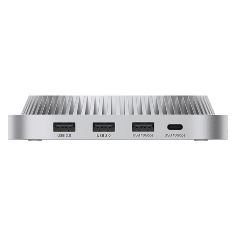 iVANKY FusionDock 3 Mac mini M4 Dock, Vorderansicht mit USB 10 Gbps- und USB 2.0-Anschlüssen, konzipiert als kompakte Desktop-Dockingstation für Mac mini