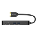 iVANKY FusionDock 1 Base para MacBook con cable USB-C integrado, vista frontal que muestra los puertos USB, lectores de tarjetas SD y TF, conector para auriculares, puerto de alimentación y diseño compacto y delgado.