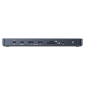 iVANKY FusionDock Pro 1 Base para MacBook, vista frontal que muestra los puertos USB, lectores de tarjetas SD y TF, conector para auriculares, botón de encendido y diseño horizontal delgado para escritorio.