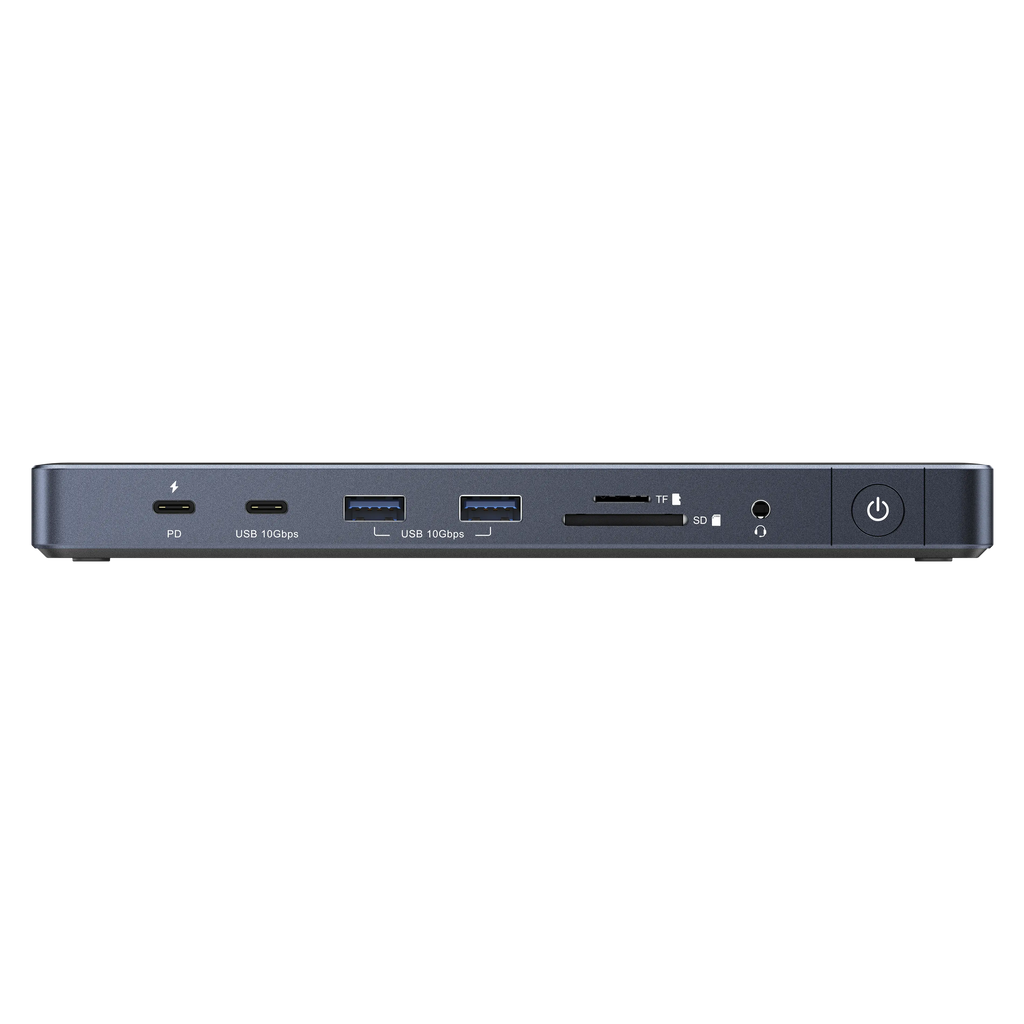 iVANKY FusionDock Pro 1+ Base para MacBook, vista frontal que muestra los puertos USB, lectores de tarjetas SD y TF, conector para auriculares, botón de encendido y diseño horizontal delgado para escritorio.