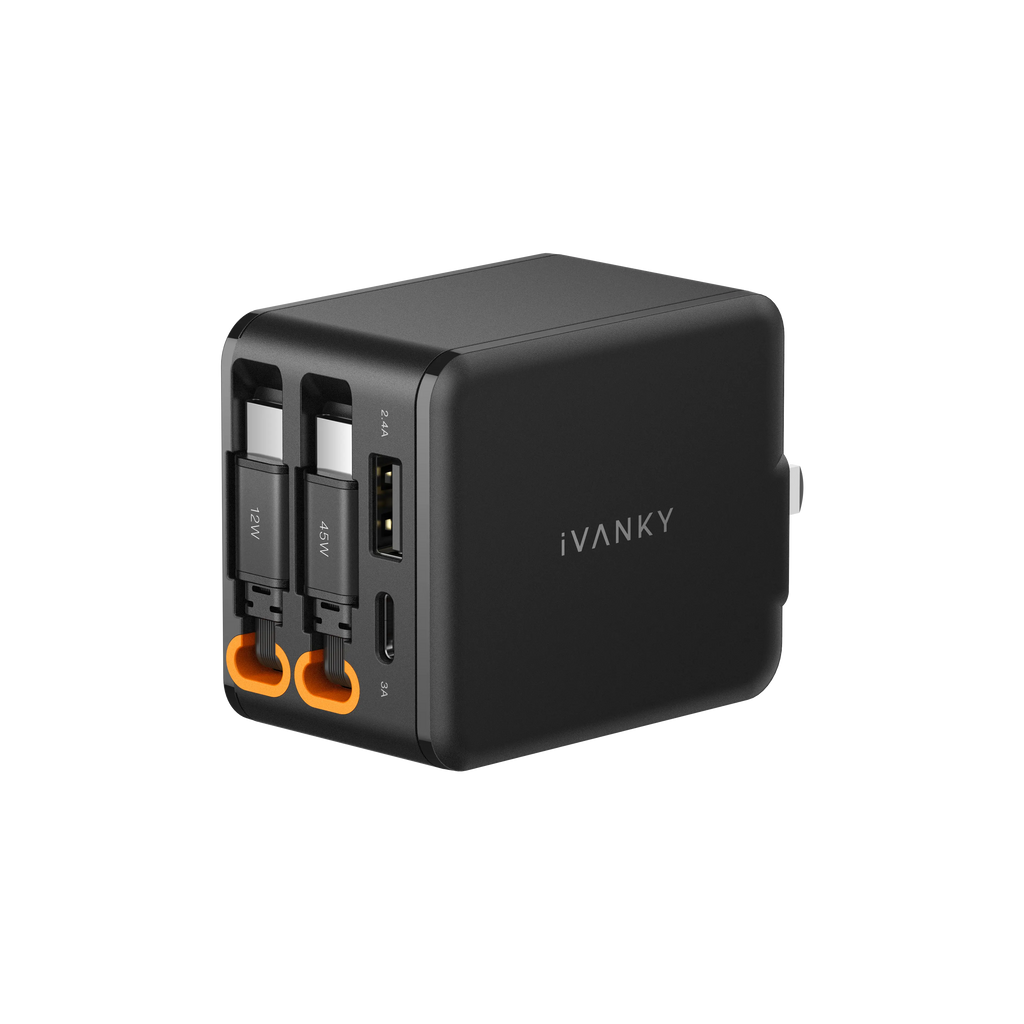 Cargador de pared retráctil iVANKY con cables integrados, un cargador de pared USB-C compacto y de carga rápida diseñado para viajes y uso diario.