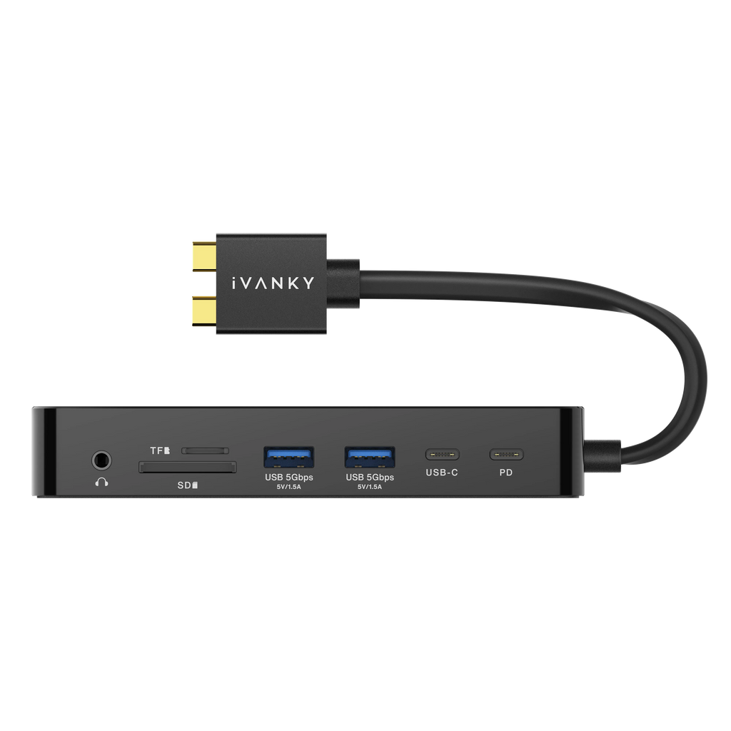 Station d'accueil iVANKY FusionDock 1 pour MacBook avec câble USB-C intégré, vue de face montrant les ports USB, les lecteurs de cartes SD et TF, la prise casque, le port d'alimentation et le design compact et fin.