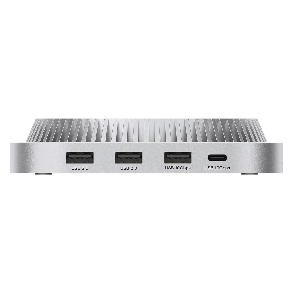 iVANKY FusionDock 3 Dock per Mac mini M4, vista frontale che mostra le porte USB 10 Gbps e USB 2.0, progettato come docking station desktop compatta per Mac mini.