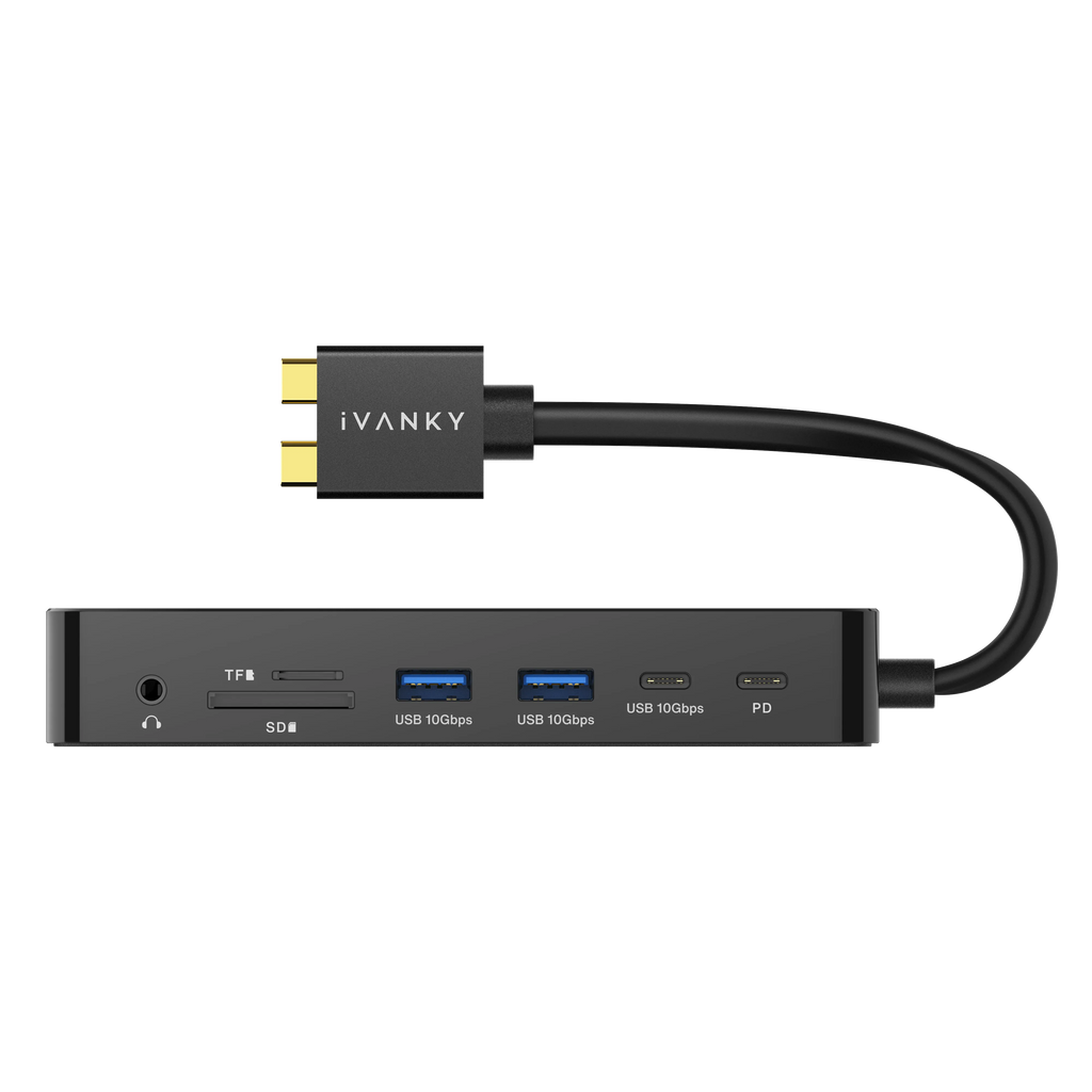 iVANKY FusionDock 1+ MacBookドック（内蔵USB-Cケーブル付き）前面ビュー：USBポート、SD/TFカードリーダー、ヘッドフォンジャック、電源供給ポート、コンパクトデスクトップデザイン